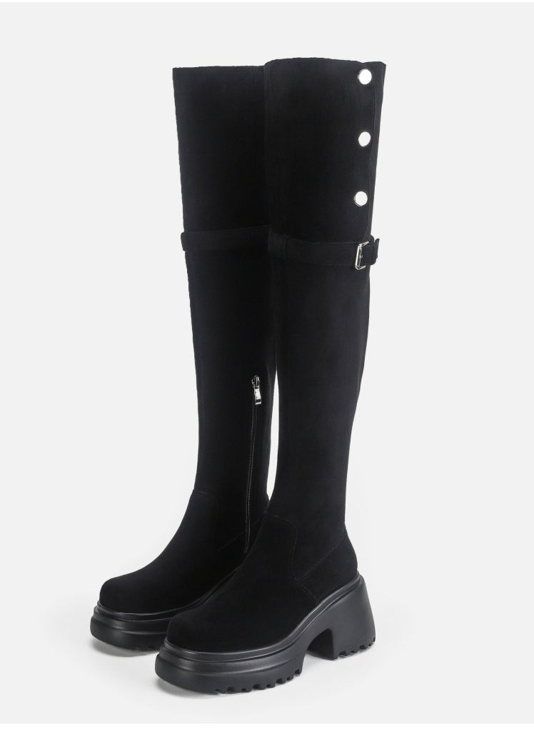 Womens Thick Soled Round Toe Knee High Boots Foldable Long Suede Boots Black