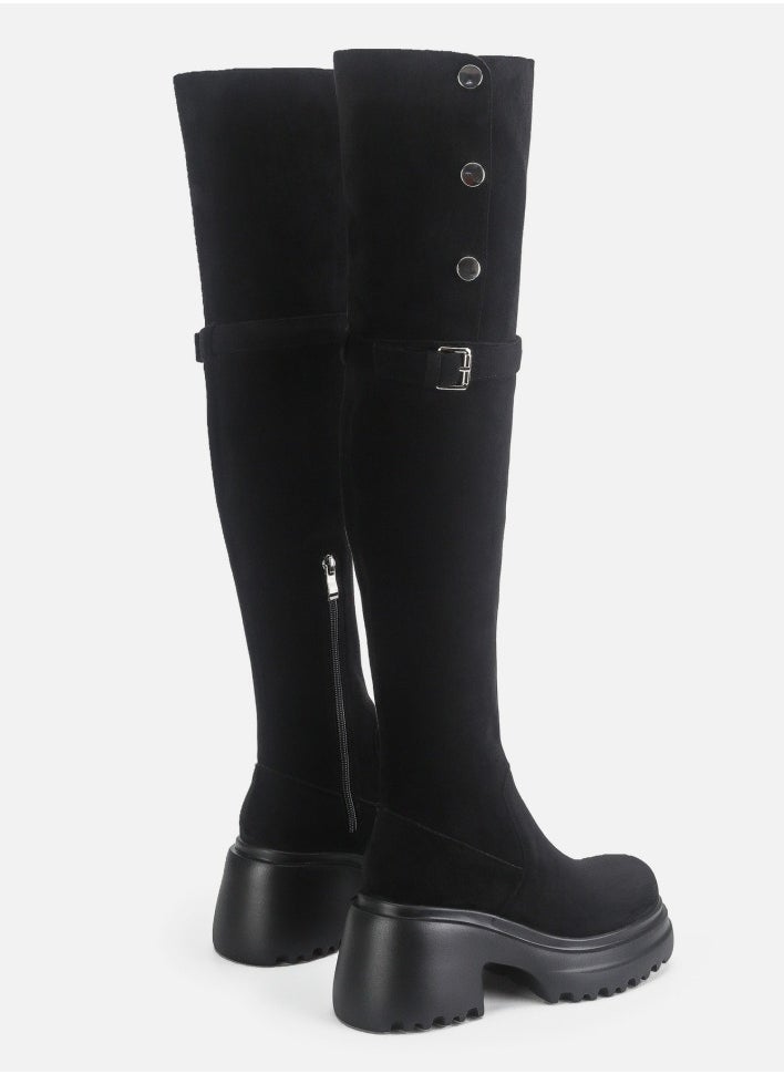 Womens Thick Soled Round Toe Knee High Boots Foldable Long Suede Boots Black