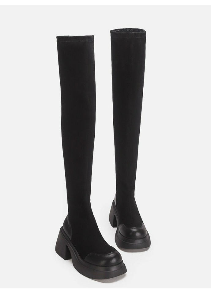 Womens Platform Thick Soled Round Toe Knee High Chunky Heel Boots Long Suede Boots Black