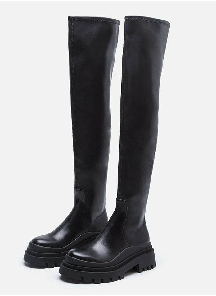 Womens Platform Thick Soled Round Toe Knee High Chunky Heel Boots Black