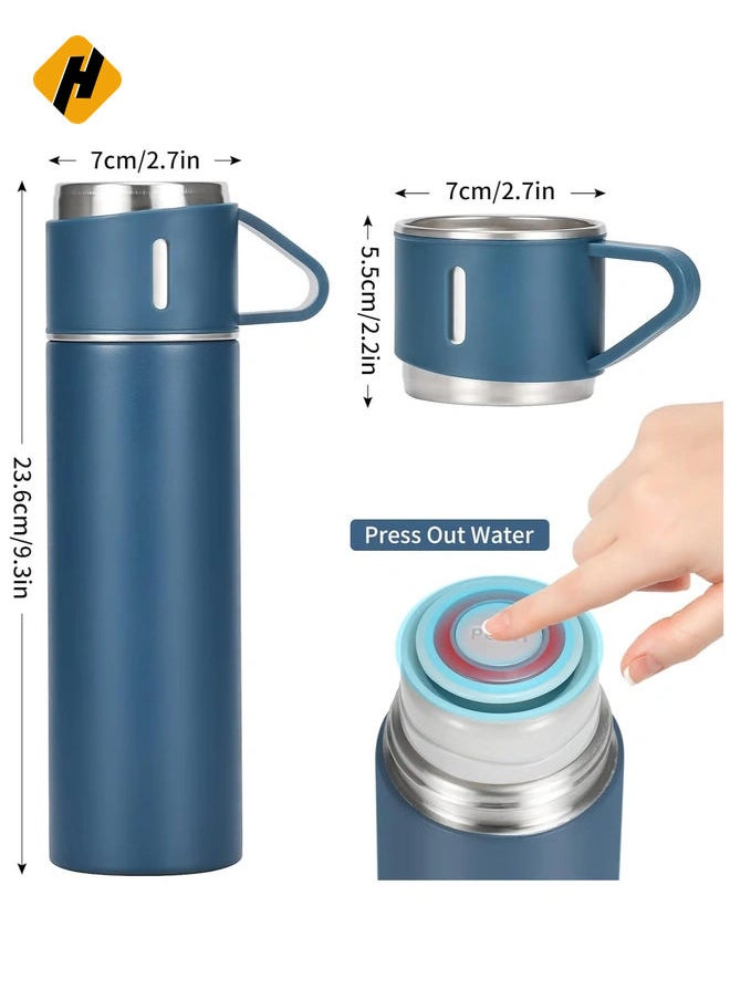 500ml/17 OZ Stainless Steel Coffee Thermo Vacuum Flask Set, Insulated Water Bottle with Three Cup for Hot and Cold Drinks, Blue