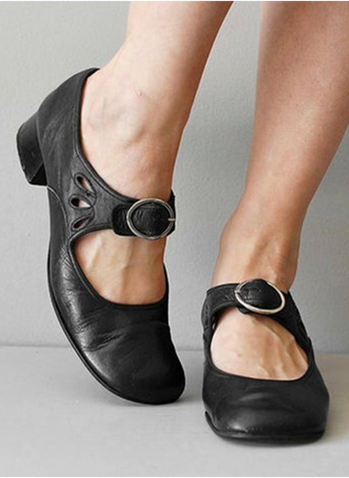 Women Round Toe Mary Janes Shoes Buckled Low Chunky Heels Work Pumps Black