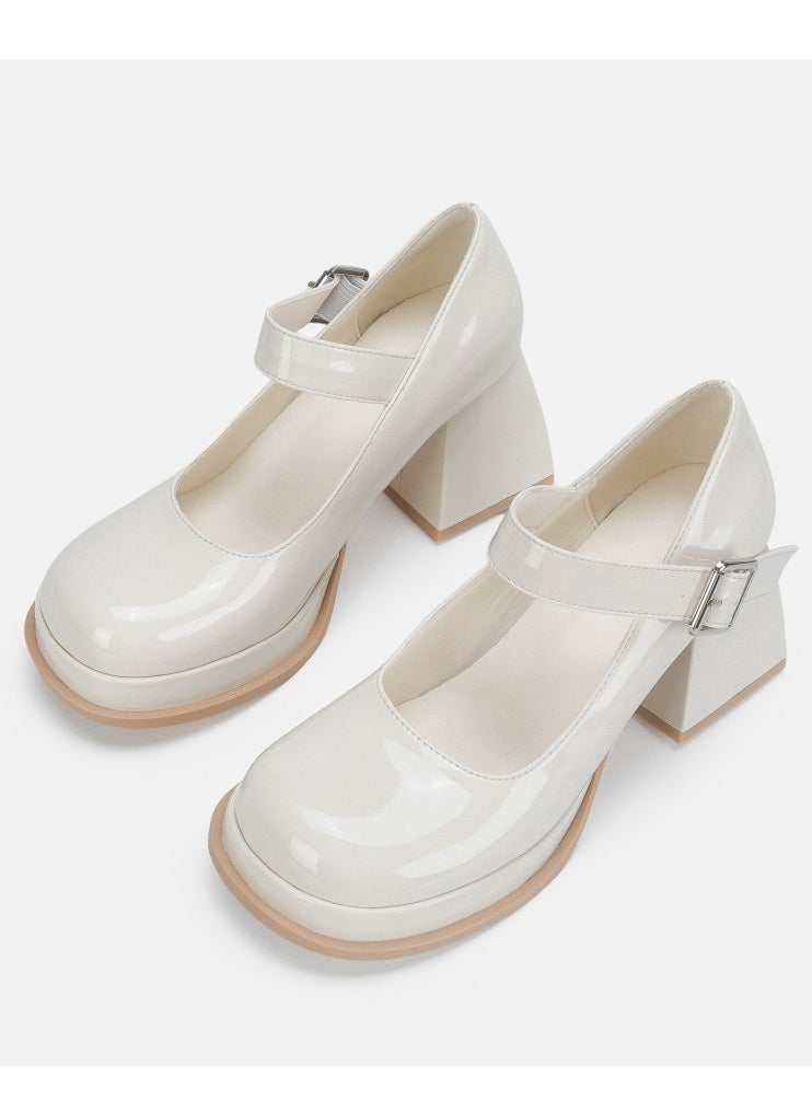 Women's T-Strap Round Toe Platform Heels Chunky Heel Mary Jane Dress Shoes White