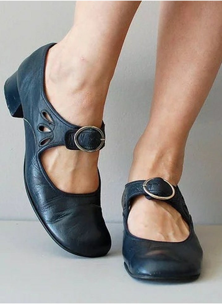 Women Round Toe Mary Janes Shoes Buckled Low Chunky Heels Work Pumps Blackish Blue