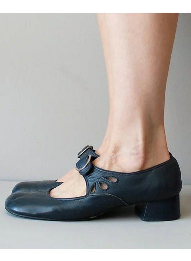 Women Round Toe Mary Janes Shoes Buckled Low Chunky Heels Work Pumps Blackish Blue