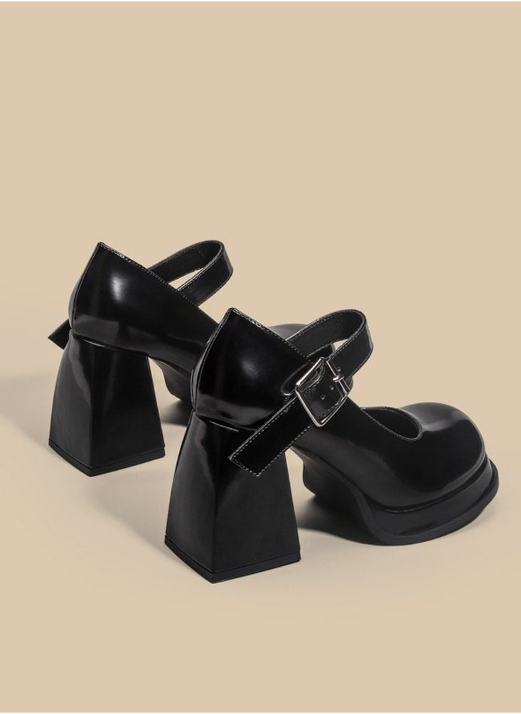 Women's T-Strap Round Toe Platform Heels Chunky Heel Mary Jane Dress Shoes Black