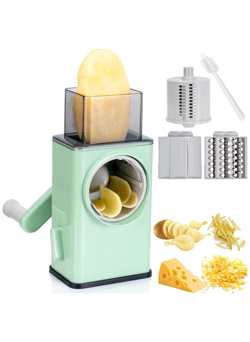 Rotary Cheese Grater Shredder - 3 Interchangeable Blades, Kitchen Manual Speed Slicer with Handle Strong Suction Base for Potato, Carrot, Vegetables, Nuts, Zucchini