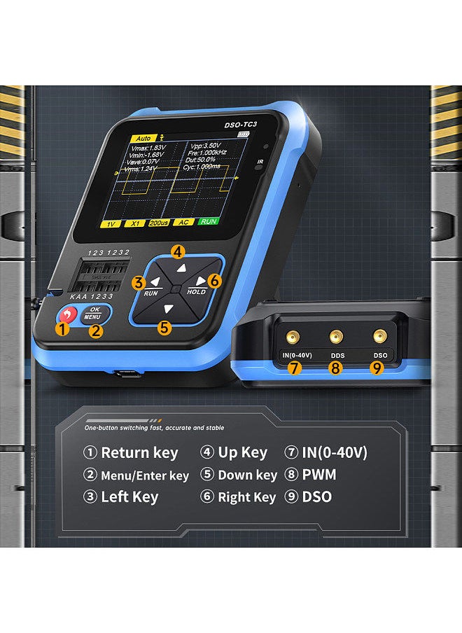 3in1 Digital Oscilloscope Transistor Tester Function Signal Generator Meter Handheld Oscilloscope 2.4inch TFT Display 10MS/s Sample Rate 500KHz Bandwidth Oscillometer