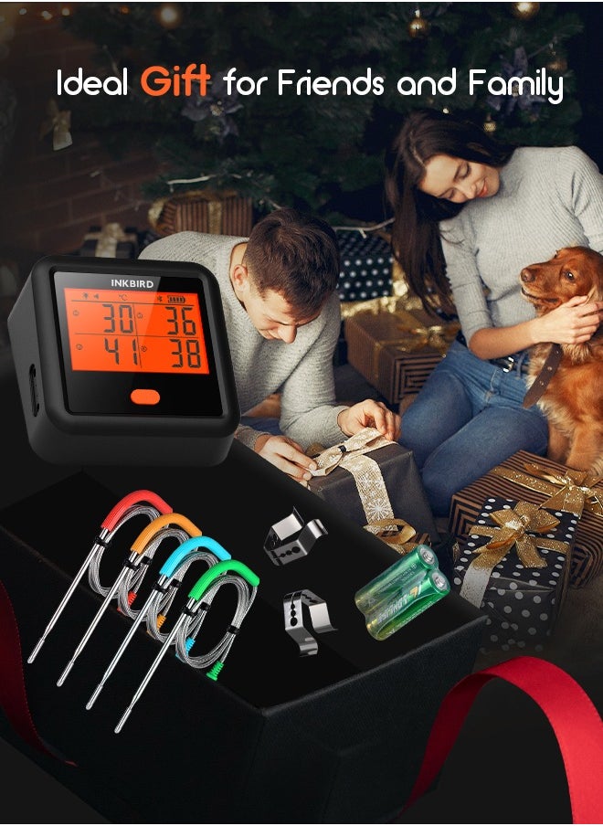 INKBIRD Bluetooth Meat Thermometer IDT-34c-B for Grilling and Smoking Grill Thermometer with 4 Meat Probes Stepless Dimming Backlit LCD Temperature Pre-Alarm High/Low-Temperature Alarms Timers