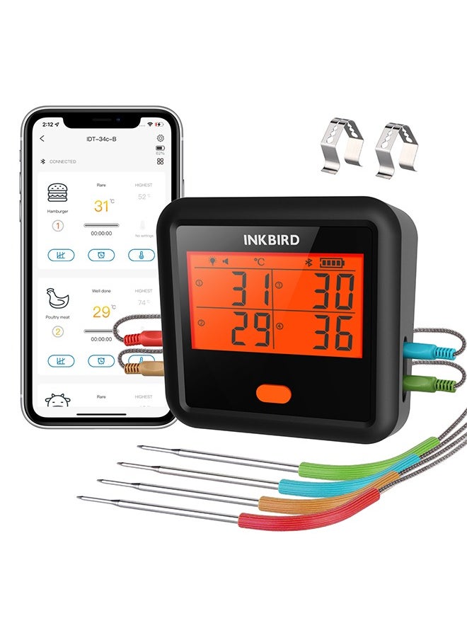 INKBIRD Bluetooth Meat Thermometer IDT-34c-B for Grilling and Smoking Grill Thermometer with 4 Meat Probes Stepless Dimming Backlit LCD Temperature Pre-Alarm High/Low-Temperature Alarms Timers