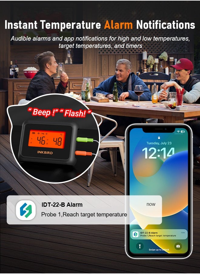 INKBIRD Smart Bluetooth Food Thermometer IDT-22-B, Bluetooth Meat Thermometer with Dual Probe, 330 ft (100 m) App Control, Offline Data Storage, Backlit HD LCD, Temperature Alarms and Timer