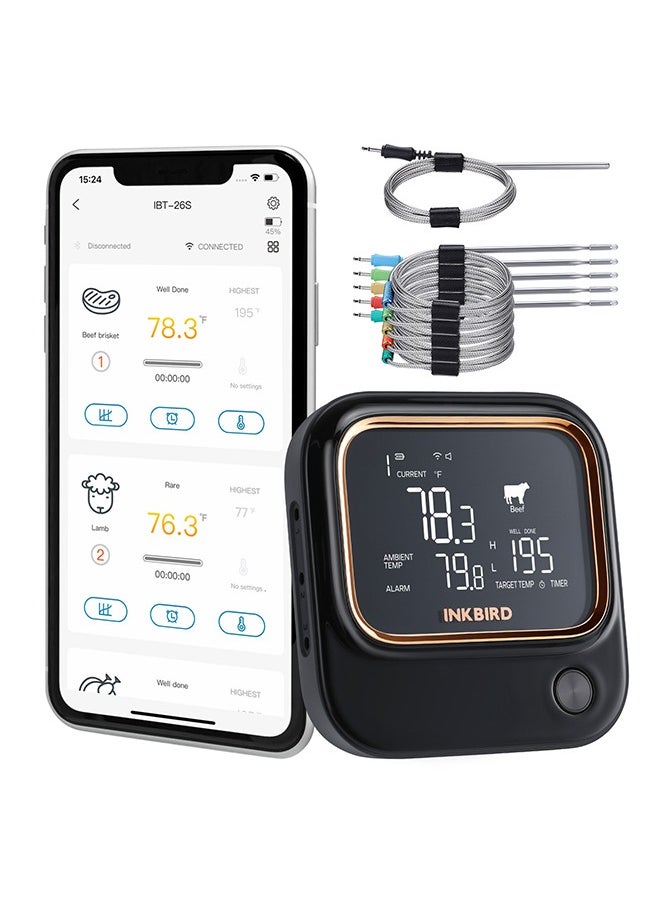 INKBIRD Bluetooth WiFi Food Thermometer BBQ 5G Wi-Fi Meat Thermometer IBT-26S with 6 Food-grade Probes APP Control USDA Meat Presets Temperature Alarm and Timer Backlit LCD with Adjustable Brightness