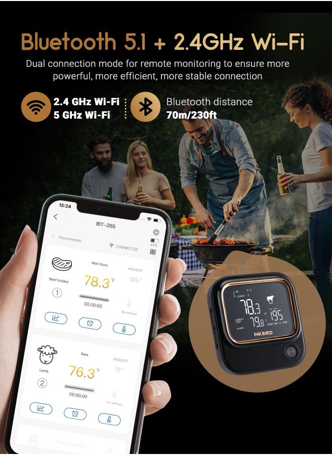 INKBIRD Bluetooth WiFi Food Thermometer BBQ 5G Wi-Fi Meat Thermometer IBT-26S with 6 Food-grade Probes APP Control USDA Meat Presets Temperature Alarm and Timer Backlit LCD with Adjustable Brightness