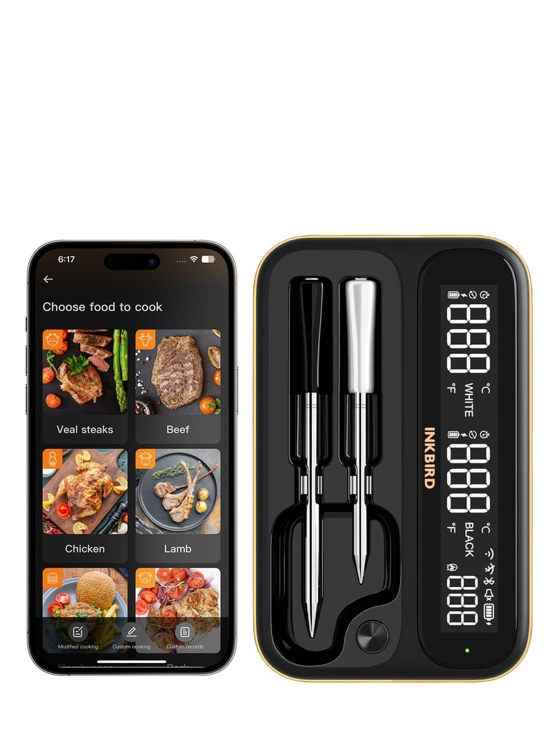 INKBIRD Wireless BBQ Thermometer INT-12-BW, Long and Short Probes, WiFi 5G 2.4G and Bluetooth 5.4, Full-View-Angle Backlit LCD, IP67 Waterproof, 80 Min Offline Data Storage, Ideal for Everyday Cooking