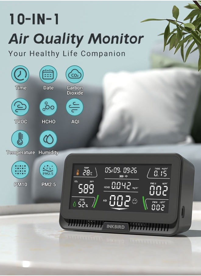 INKBIRD WiFi Air Quality Monitor Indoor Multifunctional Air Quality Detector IAQM-129-W Indoor Carbon Dioxide/Temperature/Humidity/AQI/HCHO/PM2.5/TVOC/PM10 Monitor for Home Office Hotel (Black)