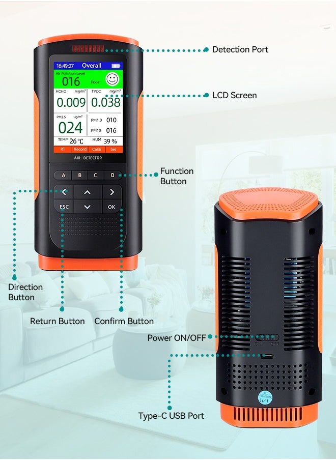 Air Quality Monitor Upgraded Portable Air Detector Meter Air Pollution Level Tester HCHO TVOC PM2.5/1.0/10 Temperature and Humidity Detector 8-in-1AQI Tester Air Quality Test for Home Office School