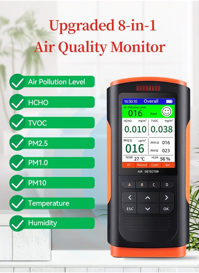 Air Quality Monitor Upgraded Portable Air Detector Meter Air Pollution Level Tester HCHO TVOC PM2.5/1.0/10 Temperature and Humidity Detector 8-in-1AQI Tester Air Quality Test for Home Office School
