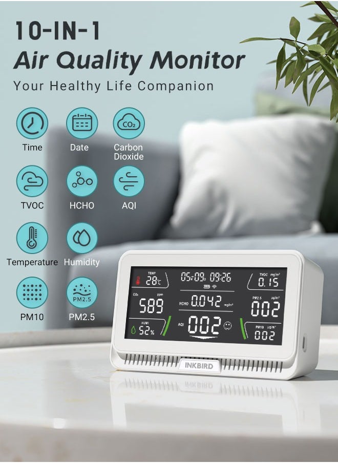 INKBIRD WiFi Air Quality Monitor Indoor Multifunctional Air Quality Detector IAQM-129-W Indoor Carbon Dioxide/Temperature/Humidity/AQI/HCHO/PM2.5/TVOC/PM10 Monitor for Home Office Hotel (White)