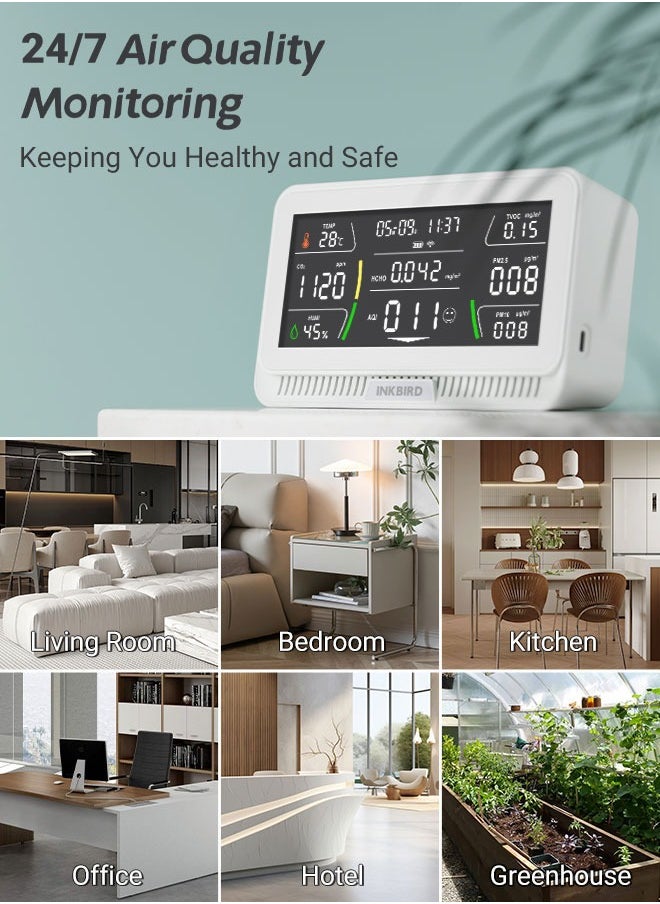 INKBIRD WiFi Air Quality Monitor Indoor Multifunctional Air Quality Detector IAQM-129-W Indoor Carbon Dioxide/Temperature/Humidity/AQI/HCHO/PM2.5/TVOC/PM10 Monitor for Home Office Hotel (White)