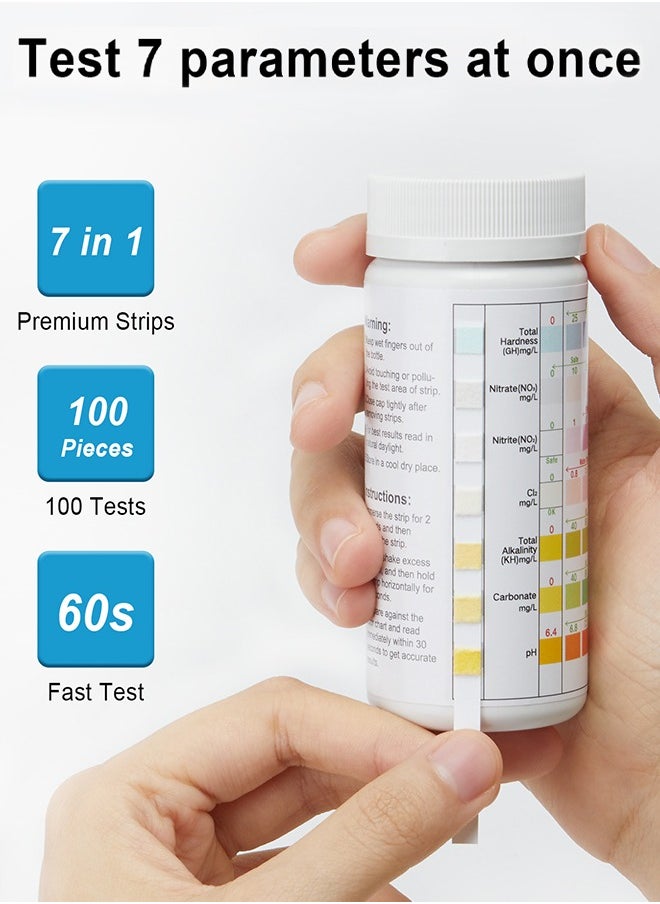 Aquarium Test Strips 7-in-1 Water Test Strips for Freshwater/Saltwater Fish Tank Fish Pond Test Hardness Nitrate Nitrite Cl2 Total Alkalinity Carbonate and PH 100 Pieces