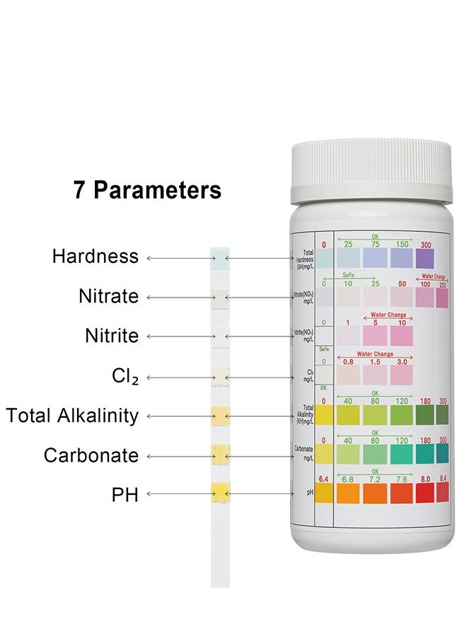 Aquarium Test Strips 7-in-1 Water Test Strips for Freshwater/Saltwater Fish Tank Fish Pond Test Hardness Nitrate Nitrite Cl2 Total Alkalinity Carbonate and PH 100 Pieces