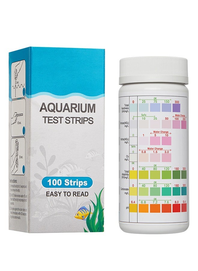 Aquarium Test Strips 7-in-1 Water Test Strips for Freshwater/Saltwater Fish Tank Fish Pond Test Hardness Nitrate Nitrite Cl2 Total Alkalinity Carbonate and PH 100 Pieces