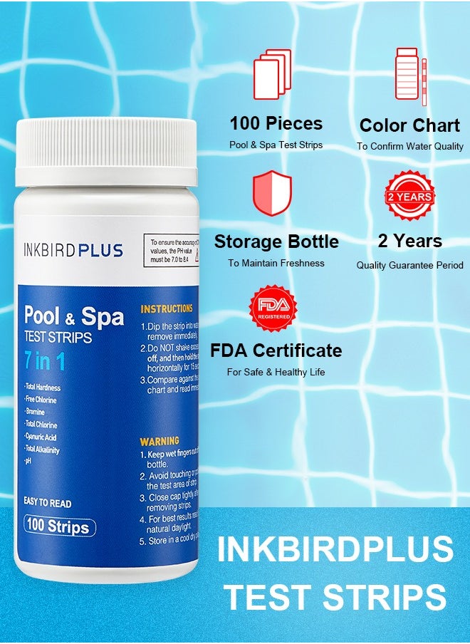 INKBIRD Pool Test Strips 100pcs Water Quality Testing Premium Fiber 7 in 1 for Hardness Chlorine Bromine pH Alkalinity and Cyanuric Acid in Freshwater Saltwater Swimming Pool Hot Spring Hot Tub