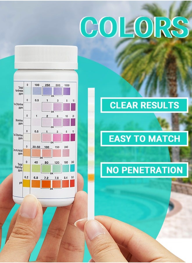 INKBIRD Pool Test Strips 100pcs Water Quality Testing Premium Fiber 7 in 1 for Hardness Chlorine Bromine pH Alkalinity and Cyanuric Acid in Freshwater Saltwater Swimming Pool Hot Spring Hot Tub