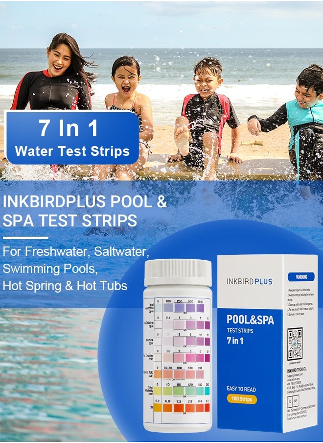 INKBIRD Pool Test Strips 100pcs Water Quality Testing Premium Fiber 7 in 1 for Hardness Chlorine Bromine pH Alkalinity and Cyanuric Acid in Freshwater Saltwater Swimming Pool Hot Spring Hot Tub