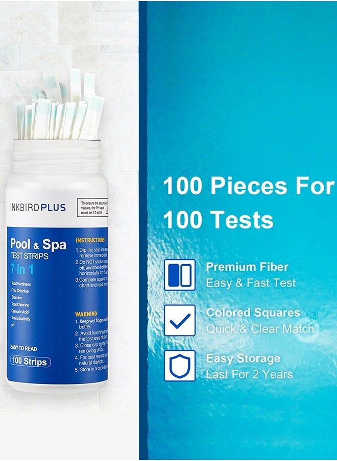 INKBIRD Pool Test Strips 100pcs Water Quality Testing Premium Fiber 7 in 1 for Hardness Chlorine Bromine pH Alkalinity and Cyanuric Acid in Freshwater Saltwater Swimming Pool Hot Spring Hot Tub