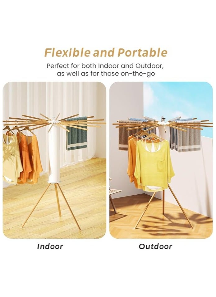 Cylindrical Tripod Octopus Drying Rack, Clothes Rack Portable, Foldable Compact Space Saving Master, 16 Expandable Rods, Solid Wood, Standing, Indoor Portable, Balcony, Bedroom, RV, etc