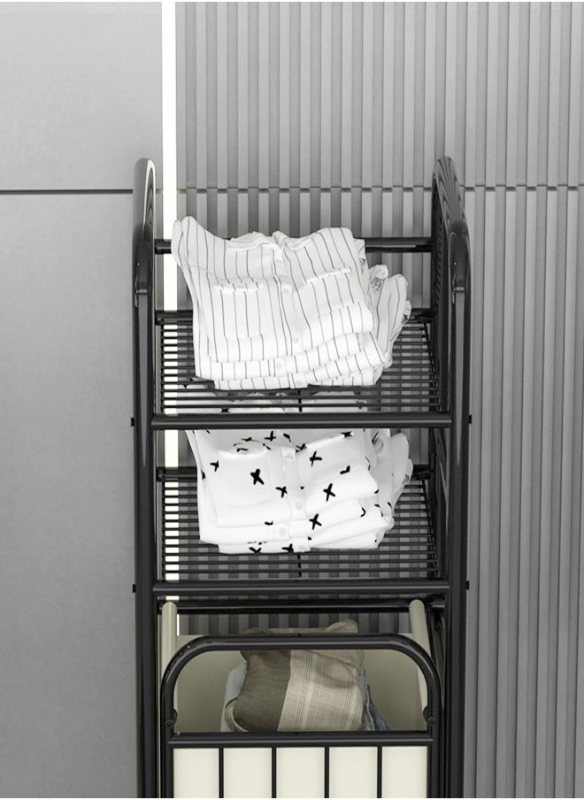 Spliced wrought iron dirty clothes basket, laundry sorting basket, with two-layer shelves and storage bags Black