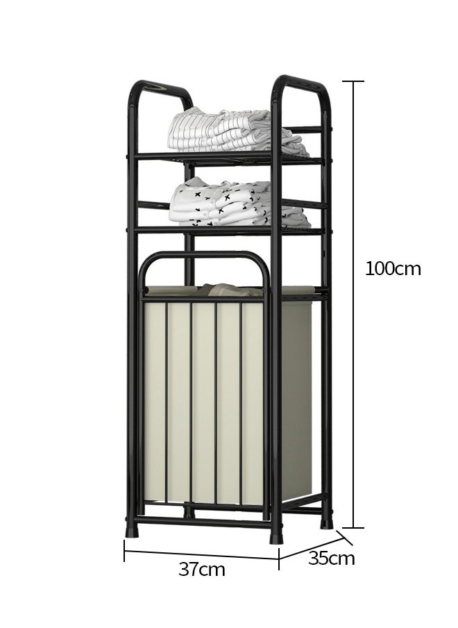 Spliced wrought iron dirty clothes basket, laundry sorting basket, with two-layer shelves and storage bags Black