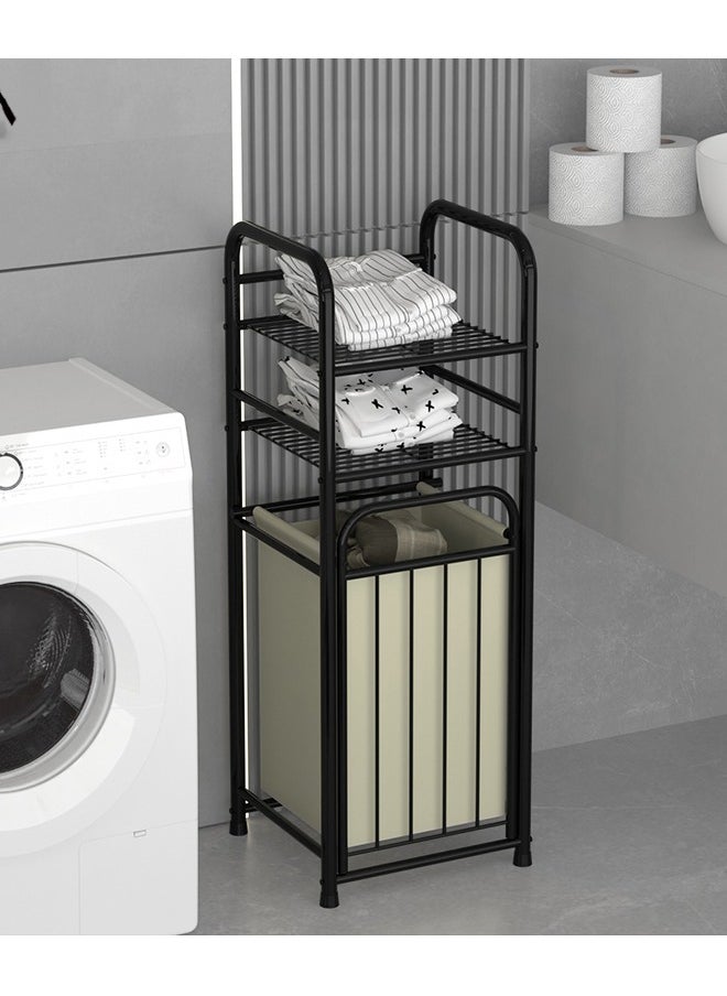 Spliced wrought iron dirty clothes basket, laundry sorting basket, with two-layer shelves and storage bags Black