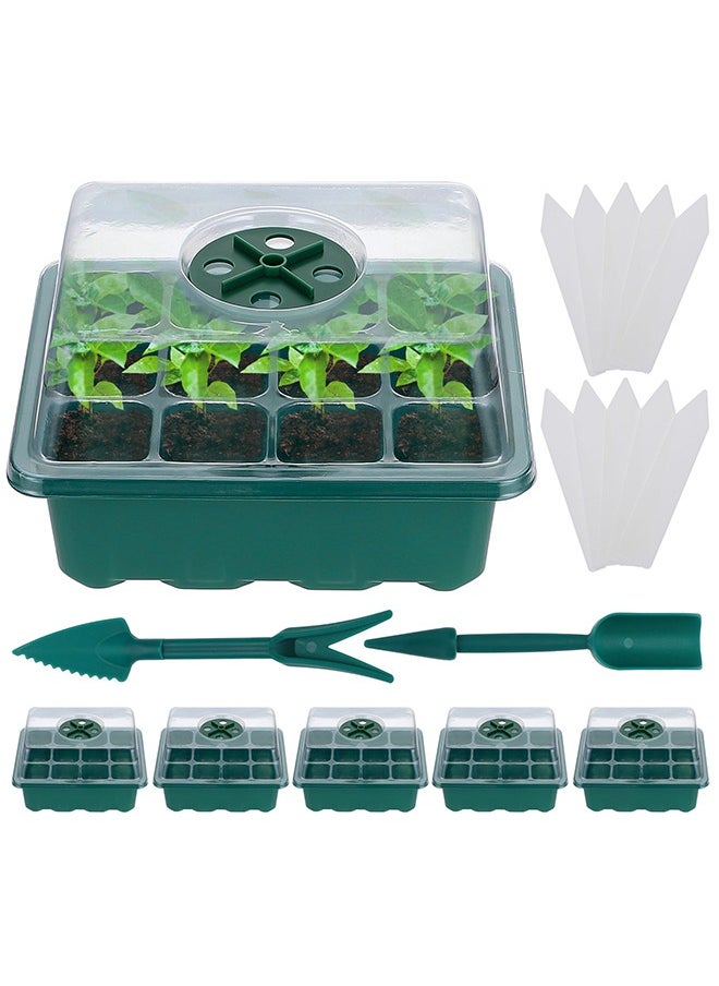 Seed Starter Tray 6-Pack Germination Trays Seedling Starter Kits Plant Starter Kit with Humidity Domes and Base Indoor Greenhouse Mini Propagator Station for Seeds Growing Starting 12 Cells per Tray