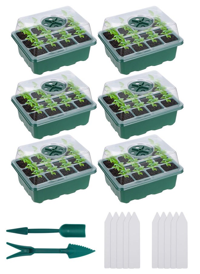 Seed Starter Tray 6-Pack Germination Trays Seedling Starter Kits Plant Starter Kit with Humidity Domes and Base Indoor Greenhouse Mini Propagator Station for Seeds Growing Starting 12 Cells per Tray