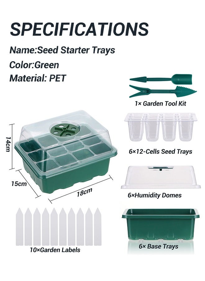 Seed Starter Tray 6-Pack Germination Trays Seedling Starter Kits Plant Starter Kit with Humidity Domes and Base Indoor Greenhouse Mini Propagator Station for Seeds Growing Starting 12 Cells per Tray