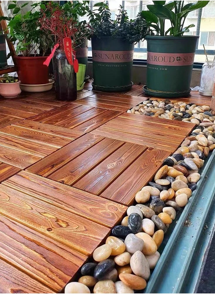 FFD 5pcs Wooden Floor Interlocking Decking Tiles Hardwood Flooring Deck Patio Balcony Roof Terrece Deck Brown 30x3x30cm