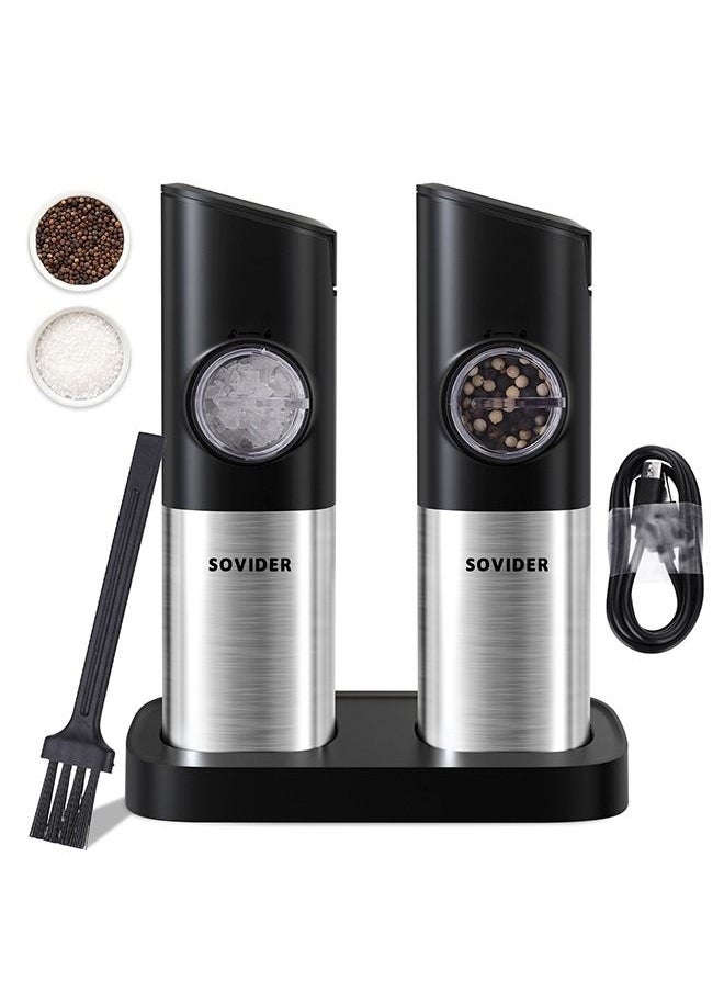 INKBIRD Gravity Salt and Pepper Mill Electric Set of 2 Rechargeable Pepper Mill Electric with Double Charging Station White LED Light Adjustable Thickness Free Battery