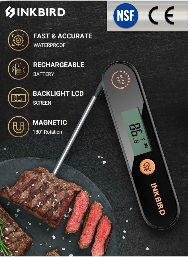 INKBIRD Food Thermometer IHT-1X Digital Instant Read Meat Thermometer with LCD Screen Foldable Probe Fast Read Rechargeable IPx5 Waterproof for Cooking BBQ