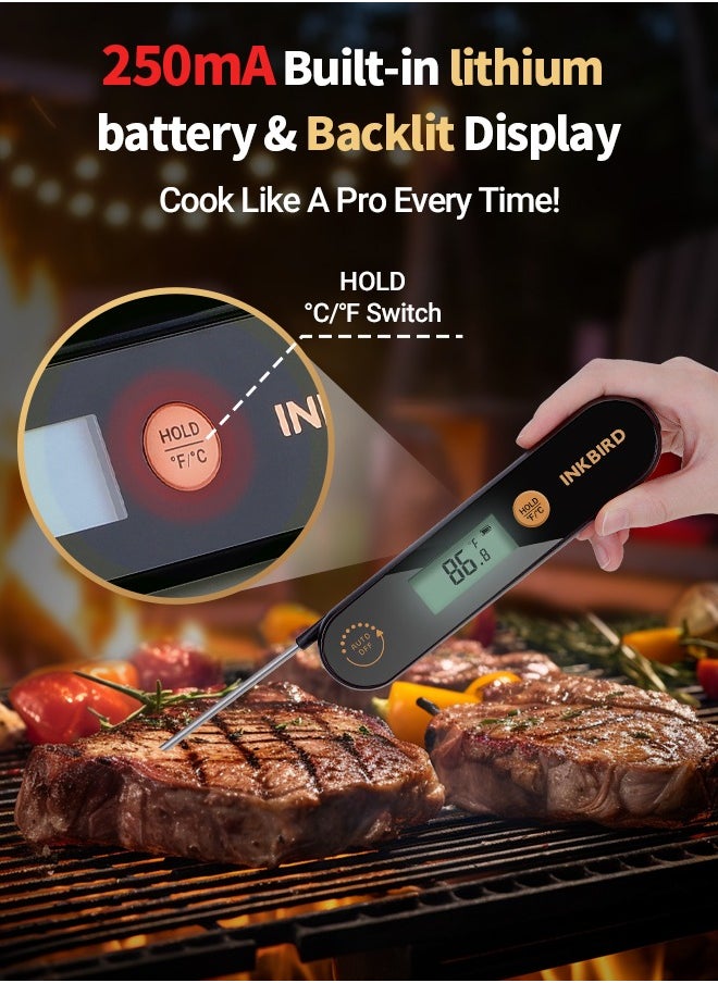 INKBIRD Food Thermometer IHT-1X Digital Instant Read Meat Thermometer with LCD Screen Foldable Probe Fast Read Rechargeable IPx5 Waterproof for Cooking BBQ