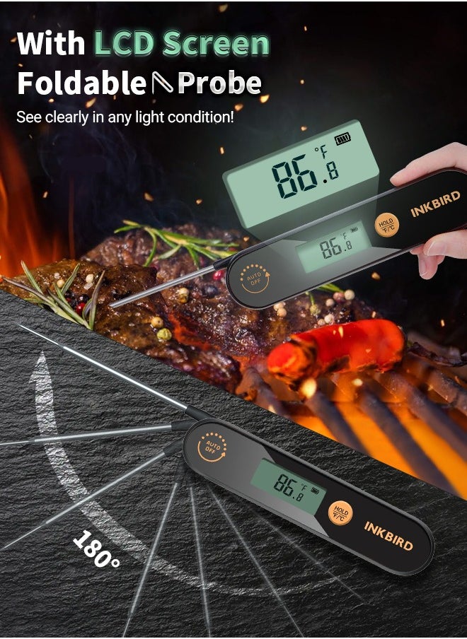 INKBIRD Food Thermometer IHT-1X Digital Instant Read Meat Thermometer with LCD Screen Foldable Probe Fast Read Rechargeable IPx5 Waterproof for Cooking BBQ