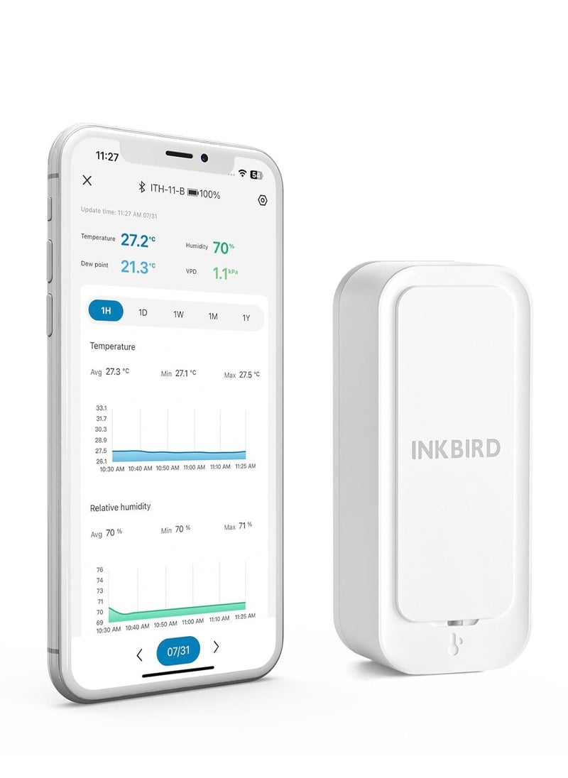 INKBIRD ITH-11-B Bluetooth Thermo-hygrometer, Bluetooth 5.0 Temperature and Humidity Monitor, APP Remote Control, IP65 Waterproof, 2 Years Data Storage and Export