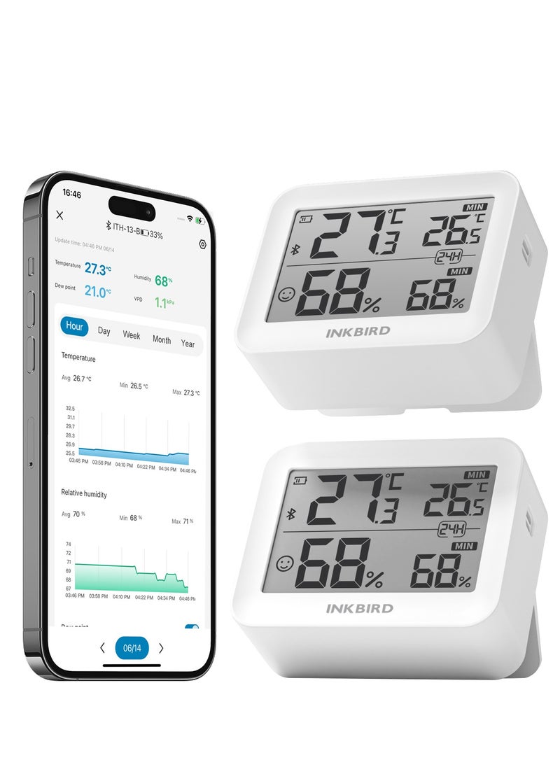 INKBIRD Bluetooth Thermometer Hygrometer ITH-13-B (2 Packs), Indoor Temperature and Humidity Monitor with APP Control, Custom Comfort Level