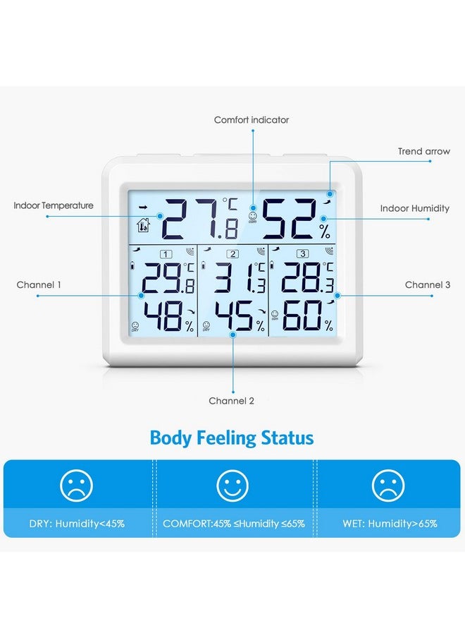 Upgraded Digital Hygrometer Indoor Thermometer, Wireless Humidity Meter With 3 Sensors, Lcd Backlight Room Thermometer With Temperature And Humidity For Home, Office, Bedroom