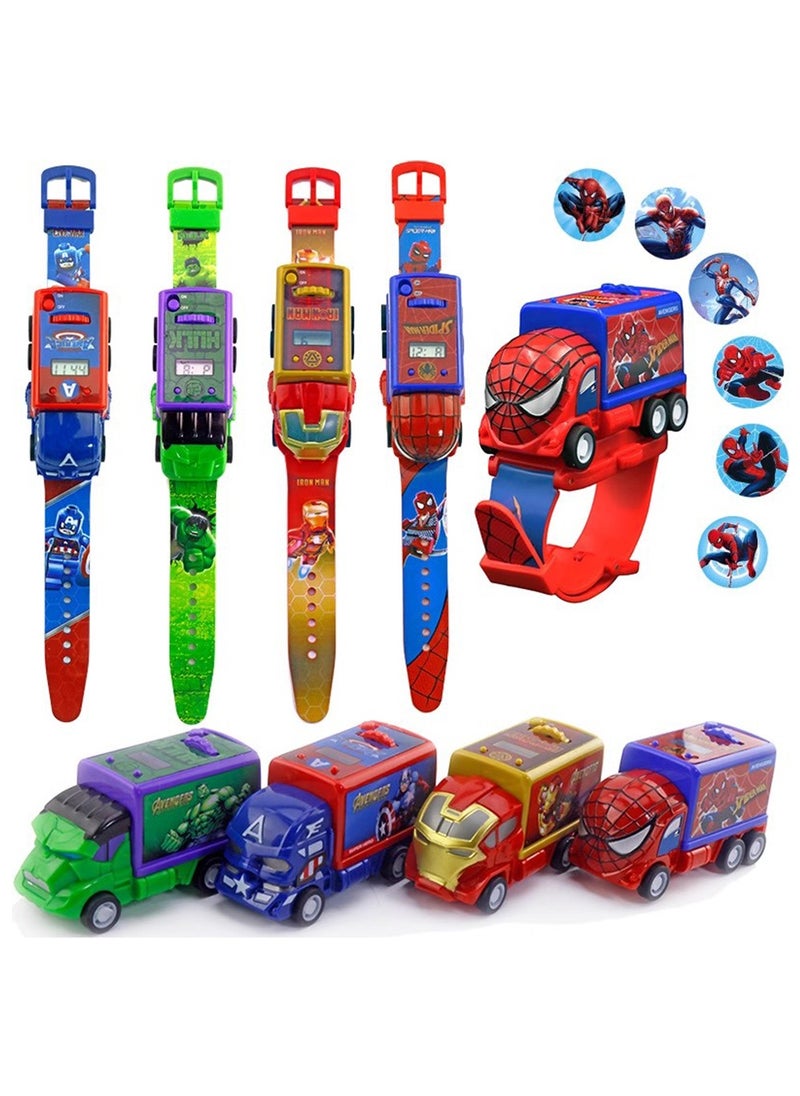 4 Pcs Kids Watch Warrior Car Projection Watch,Spiderman Projection Patterns Cartoons Kids Digital Wrist Watch Toys with Adjustable Strap Projector Watch