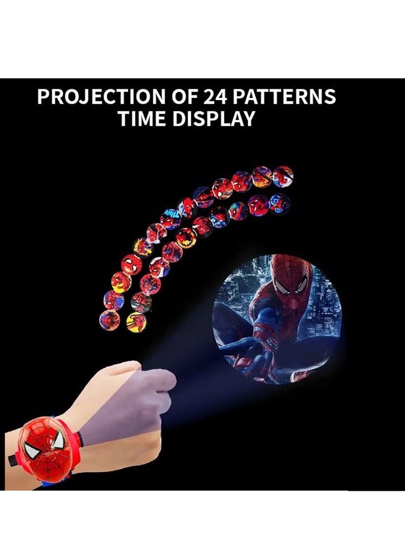 2Pcs Kids Watch with 24 Spiderman Projection Patterns Cartoons Kids Digital Wrist Watch Toys with Adjustable Strap Projector Watch（Black and Red）