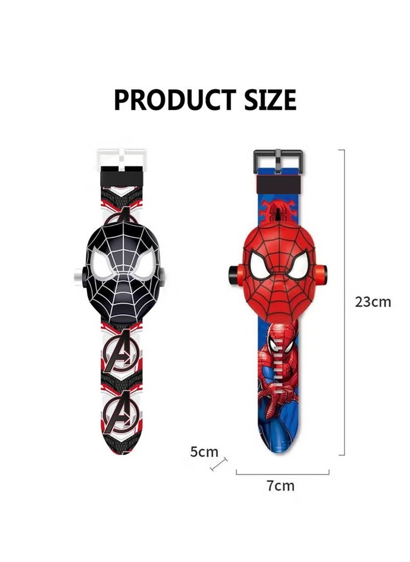 2Pcs Kids Watch with 24 Spiderman Projection Patterns Cartoons Kids Digital Wrist Watch Toys with Adjustable Strap Projector Watch（Black and Red）