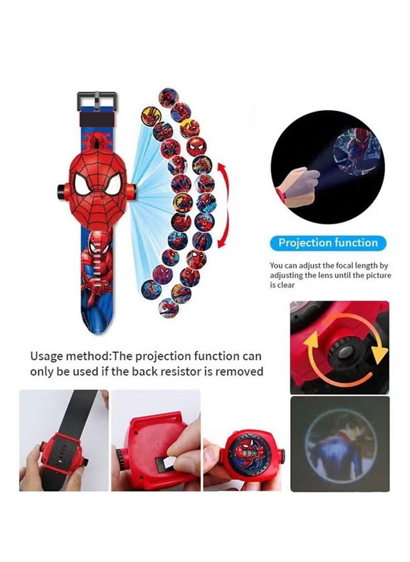 2Pcs Kids Watch with 24 Spiderman Projection Patterns Cartoons Kids Digital Wrist Watch Toys with Adjustable Strap Projector Watch（Black and Red）