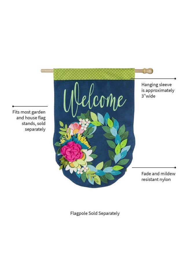 Evergreen Welcome Spring Floral Wreath House Size Flag | Double Sided & 3D Applique Stitching Burlap | Blue Green Pink | 44-In X 28-In | Outdoor Home Décor Lawn Yard Patio Deck Porch